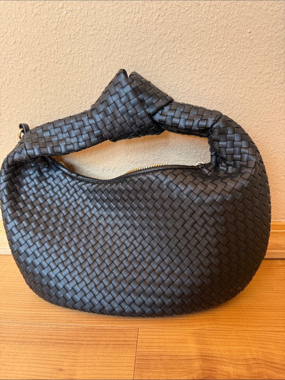 Anne Klein Black Woven Hobo Shoulder Bag with Detachable Strap